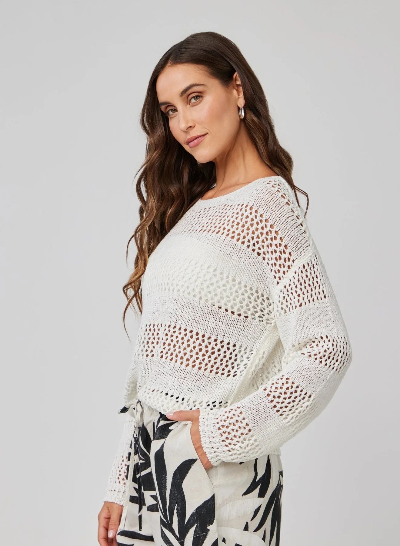 Open Knit Stripe Crew Sweater in White