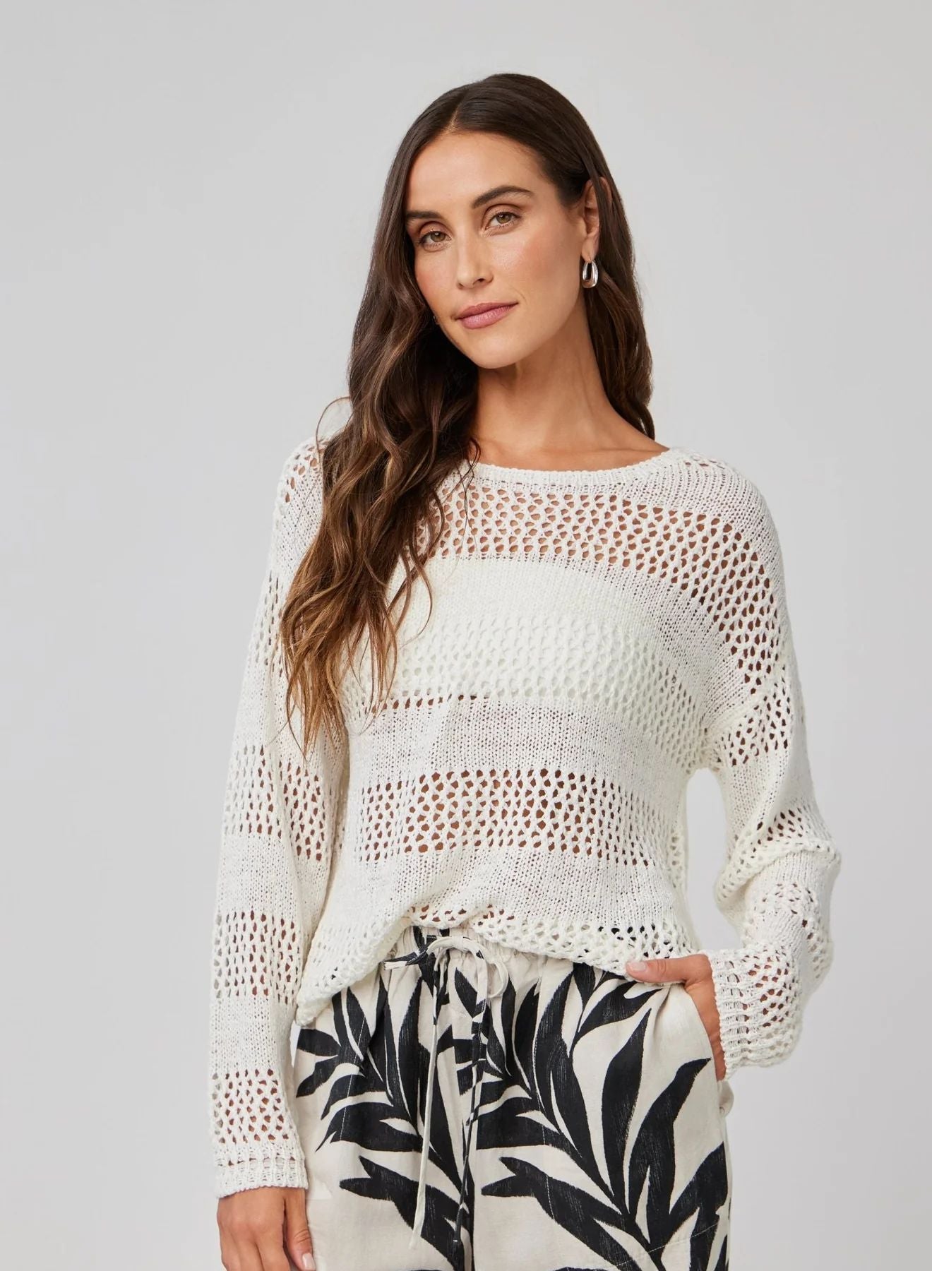 Open Knit Stripe Crew Sweater in White