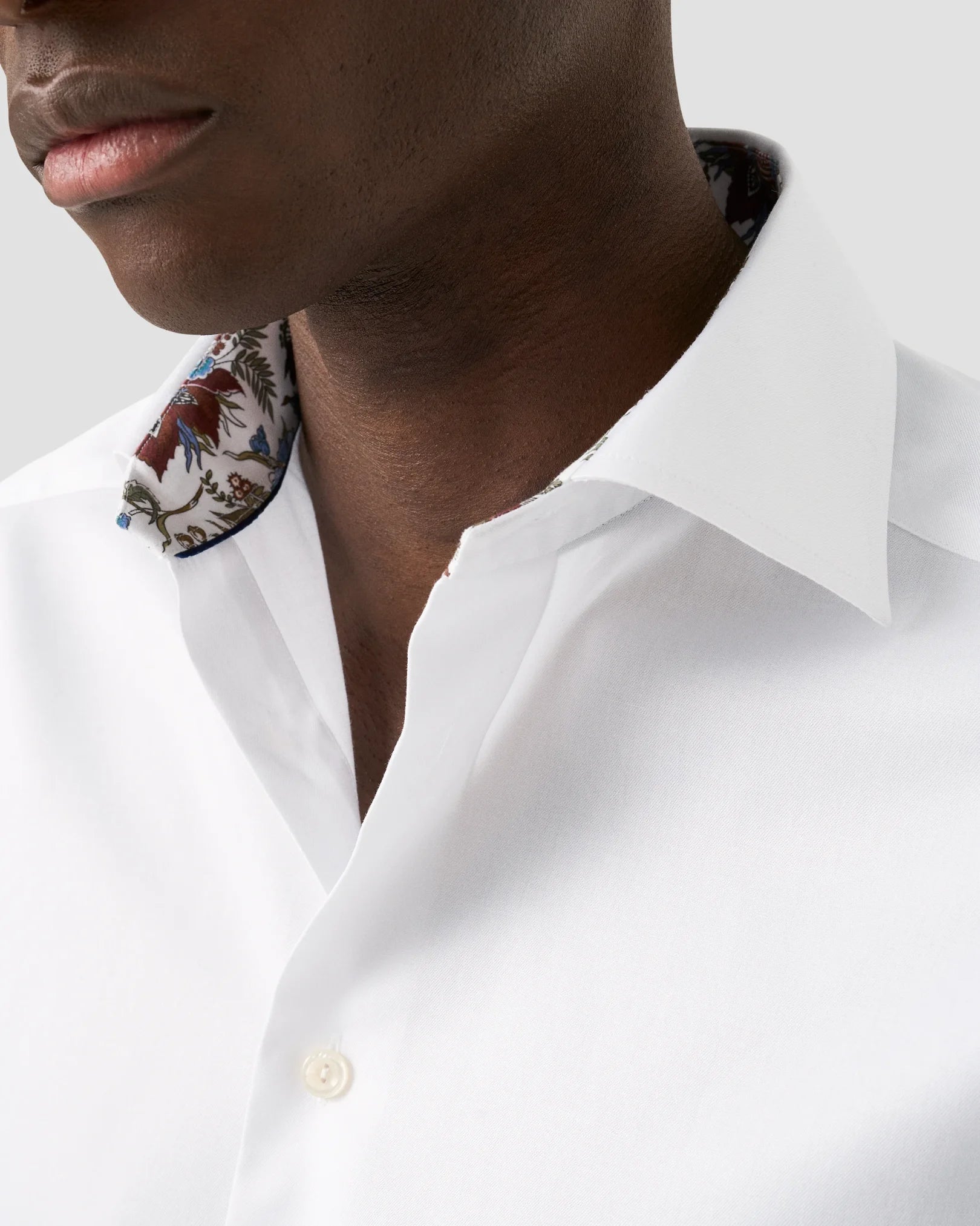 Signature Twill Dress Shirt in White with Feature Autumn Red Floral Contrast