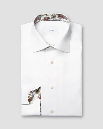Signature Twill Dress Shirt in White with Feature Autumn Red Floral Contrast