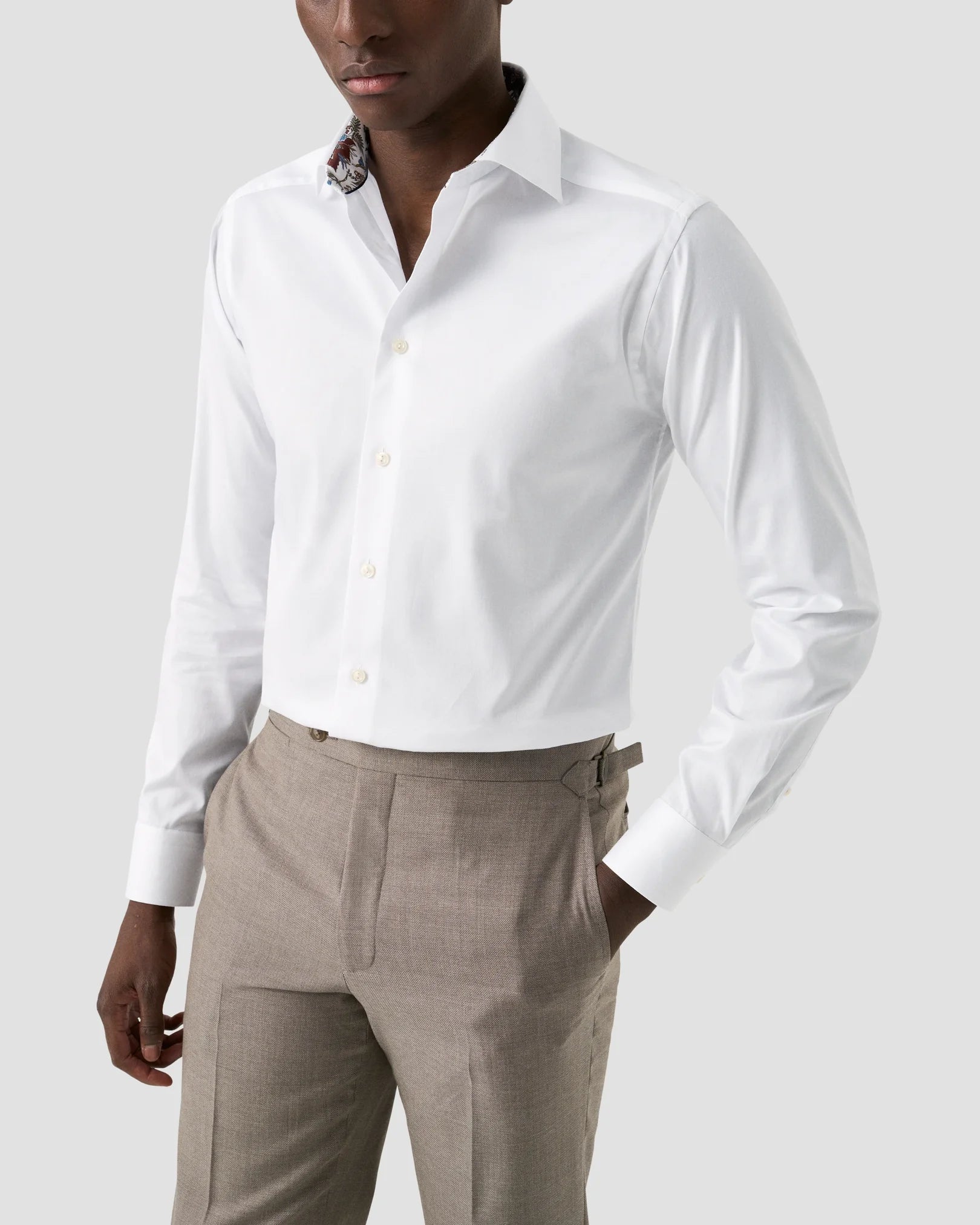 Signature Twill Dress Shirt in White with Feature Autumn Red Floral Contrast