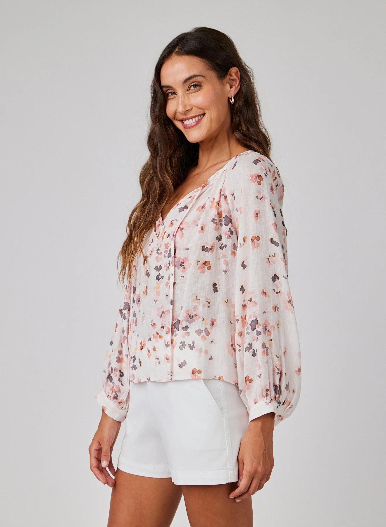 Shirred Raglan Tie Front Blouse in Hana Floral Print