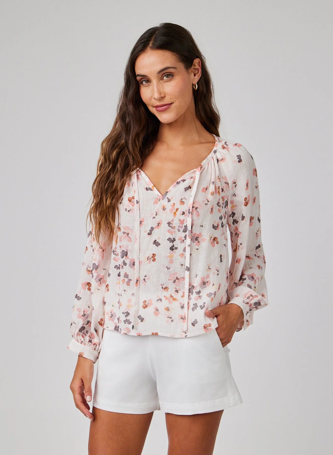 Shirred Raglan Tie Front Blouse in Hana Floral Print