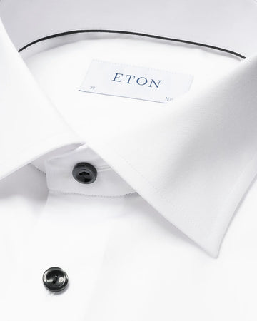 Signature Twill Slim Fit Dress Shirt in White with Black Contrast Buttons