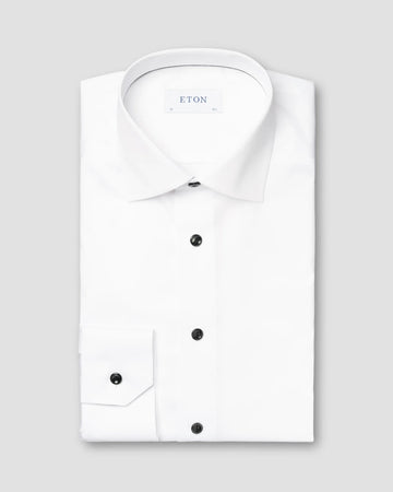 Signature Twill Slim Fit Dress Shirt in White with Black Contrast Buttons