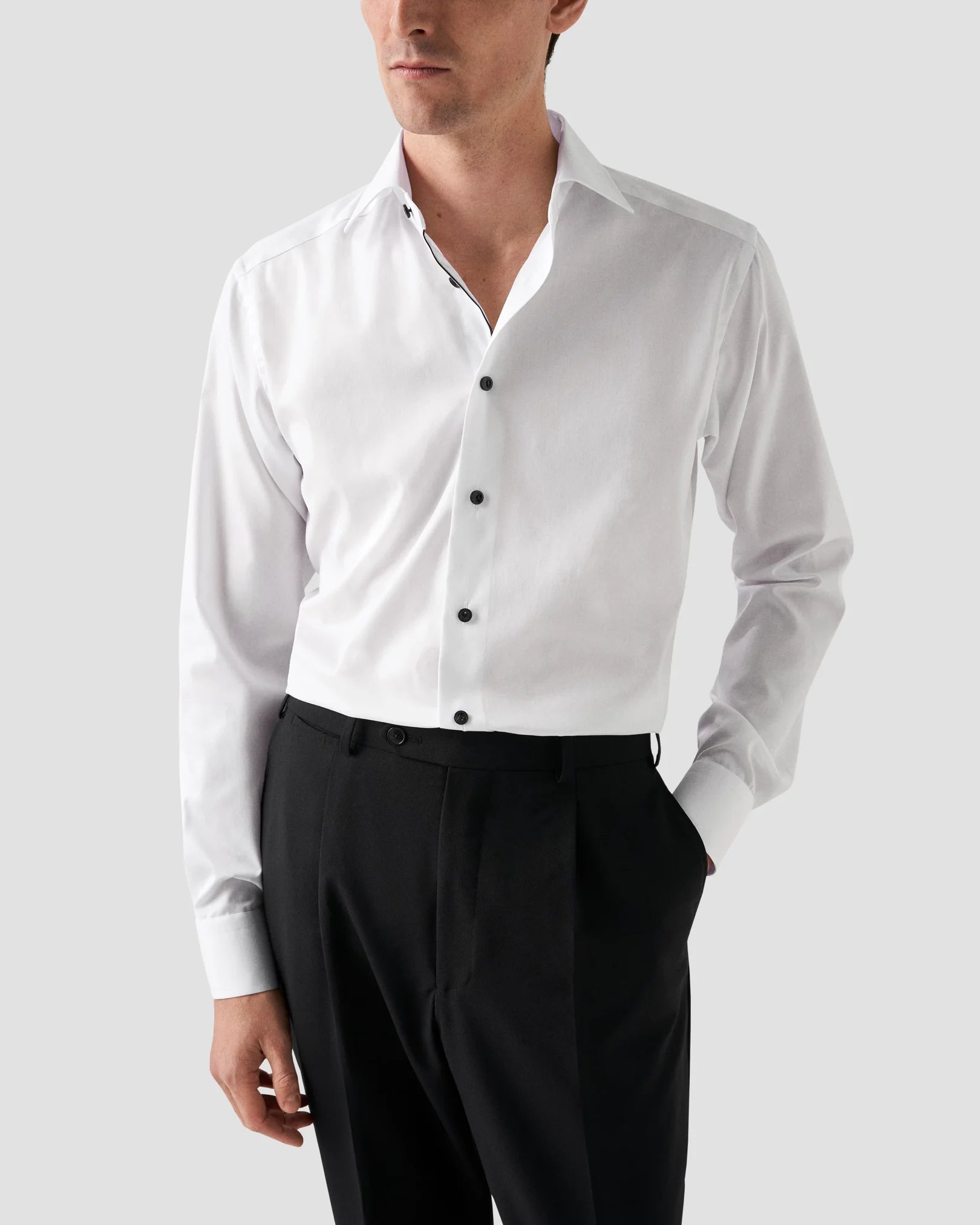 Signature Twill Slim Fit Dress Shirt in White with Black Contrast Buttons